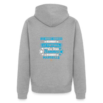 les vrais hommes regardent marseille club de foot - Veste à capuche bio Premium Unisexe - gris chiné - Dos - Nico (187cm)