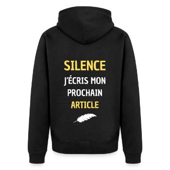 SILENCE I AM WRITING MY NEXT ARTICLE - Unisex Premium Organic Zip Hoodie - black - Back - Nico (187cm)