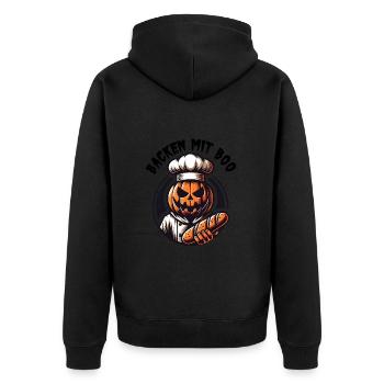 Halloween Kürbis mit Bäckermütze und Brot - Unisex Premium Bio Zip Hoodie - Schwarz - Hinten - Nico (187cm)