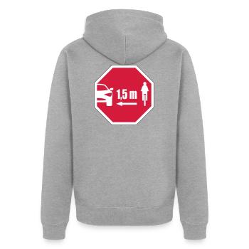Stop Schild Look - Abstand für Radfahrer 1,5 m - Unisex Premium Bio Zip Hoodie - Grau meliert - Hinten - Nico (187cm)