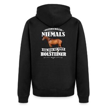 Holsteiner Pferde Shirt-UNF - Unisex Premium Bio Zip Hoodie - Schwarz - Hinten - Nico (187cm)