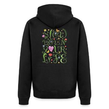 slow down your life - Unisex Premium Organic Zip Hoodie - black - Back - Nico (187cm)
