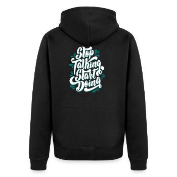 stop talking start doing - Unisex Premium Organic Zip Hoodie - black - Back - Nico (187cm)