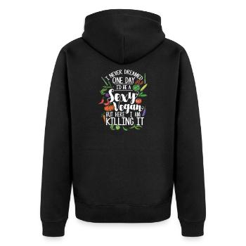 One Day I'm a sexy Vegan: Here I am! - Unisex Premium Bio Zip Hoodie - Schwarz - Hinten - Nico (187cm)