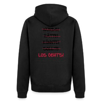 Let's go the starting signal saying - Unisex Premium Organic Zip Hoodie - black - Back - Nico (187cm)
