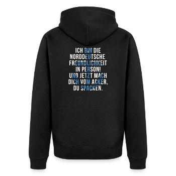 Norddeutsche Freundlichkeit | Spruch Geschenk - Unisex Premium Bio Zip Hoodie - Schwarz - Hinten - Nico (187cm)