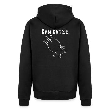 Kamikaze Katze: Abenteuer für jeden Teufelskerl - Unisex Premium Bio Zip Hoodie - Schwarz - Hinten - Nico (187cm)