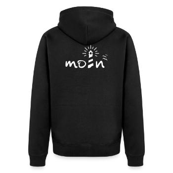 Moin mit Leuchtturm und Möwen - Unisex Premium Bio Zip Hoodie - Schwarz - Hinten - Nico (187cm)