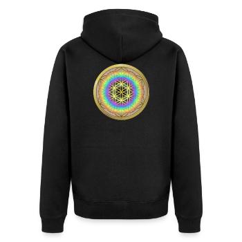 Blume des Lebens - Irisierendes Gold - Unisex Premium Bio Zip Hoodie - Schwarz - Hinten - Nico (187cm)