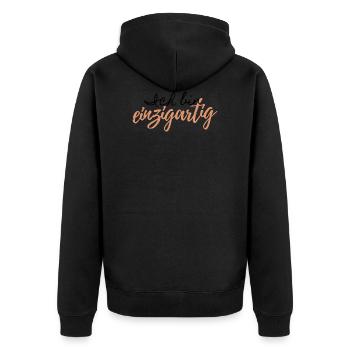 Spruch " Ich bin einzigartig" - Unisex Premium Bio Zip Hoodie - Schwarz - Hinten - Nico (187cm)