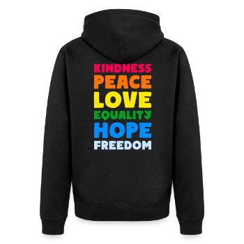 KINDNESS PEACE LOVE EQUALITY HOPE FREEDOM - Unisex Premium Bio Zip Hoodie - Schwarz - Hinten - Nico (187cm)
