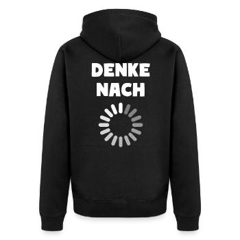 DENKE NACH - Unisex Premium Bio Zip Hoodie - Schwarz - Hinten - Nico (187cm)
