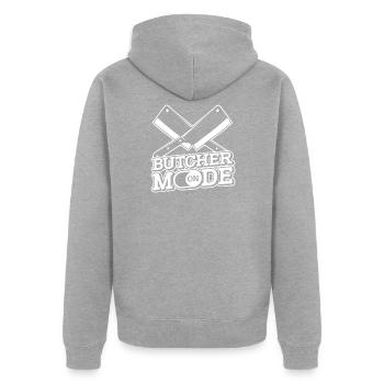Fleischer Metzger Schlachter - Unisex Premium Bio Zip Hoodie - Grau meliert - Hinten - Nico (187cm)