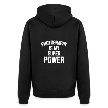 Fotografie ist meine Superkraft - Lustig - Unisex Premium Bio Zip Hoodie - Schwarz - Hinten - Nico (187cm)