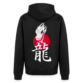 Weißer Japanischer Drache und Rote Sonne - Unisex Premium Bio Zip Hoodie - Schwarz - Hinten - Nico (187cm)