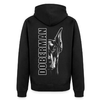 Portrait du doberman avec lettrage vertical - Veste à capuche bio Premium Unisexe - noir - Dos - Nico (187cm)