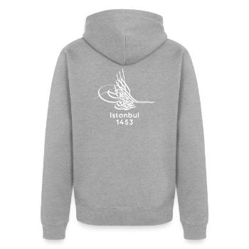 Osmanli Tugra 1453 - Unisex Premium Bio Zip Hoodie - Grau meliert - Hinten - Nico (187cm)