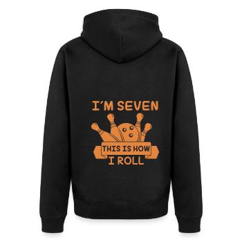 Ich Bin Sieben, So Rolle Ich - Bowling - Unisex Premium Bio Zip Hoodie - Schwarz - Hinten - Nico (187cm)
