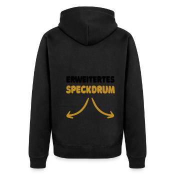 Lustiger Spruch: Erweitertes Speckdrum - Unisex Premium Bio Zip Hoodie - Schwarz - Hinten - Nico (187cm)