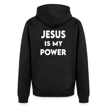 Jesus is my power - Unisex Premium Bio Zip Hoodie - Schwarz - Hinten - Nico (187cm)