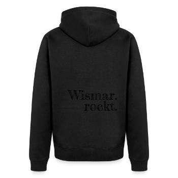 Wismar rockt - Textdesign mit Stadtnamen - Unisex Premium Bio Zip Hoodie - Schwarz - Hinten - Nico (187cm)