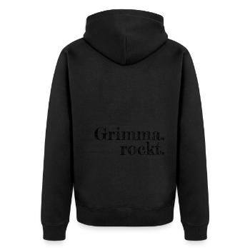 Grimma rockt - Textdesign mit Stadtnamen - Unisex Premium Bio Zip Hoodie - Schwarz - Hinten - Nico (187cm)