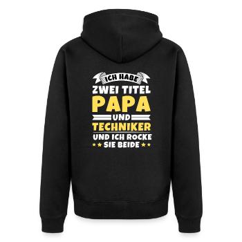 Ich habe 2 Titel Papa und Techniker - Unisex Premium Bio Zip Hoodie - Schwarz - Hinten - Nico (187cm)