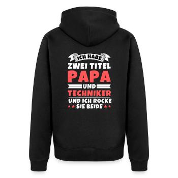Ich habe 2 Titel Papa und Techniker - Unisex Premium Bio Zip Hoodie - Schwarz - Hinten - Nico (187cm)
