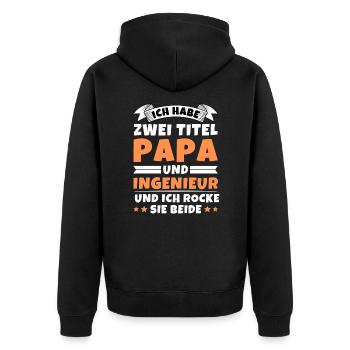 Ich habe 2 Titel Papa und Ingenieur - Unisex Premium Bio Zip Hoodie - Schwarz - Hinten - Nico (187cm)