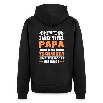 Ich habe 2 Titel Papa und Techniker - Unisex Premium Bio Zip Hoodie - Schwarz - Hinten - Nico (187cm)