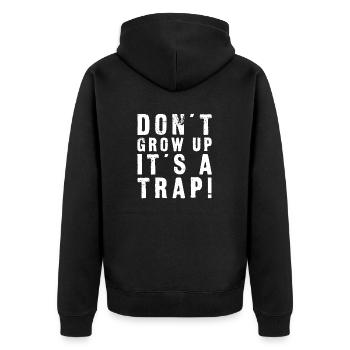 Werde nicht erwachsen, es ist ein Witz - Unisex Premium Bio Zip Hoodie - Schwarz - Hinten - Nico (187cm)