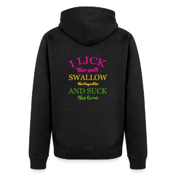 Ich lecke Salz, schlucke Tequila und lutsche an der Limette - Unisex Premium Bio Zip Hoodie - Schwarz - Hinten - Nico (187cm)