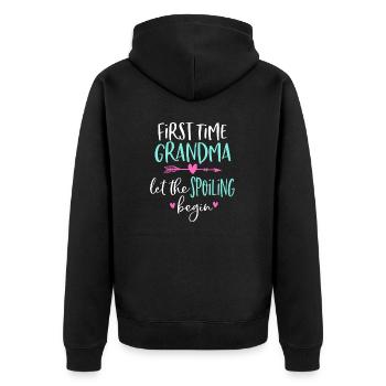Zum ersten Mal ließ Oma das Verwöhnen beginnen - Unisex Premium Bio Zip Hoodie - Schwarz - Hinten - Nico (187cm)