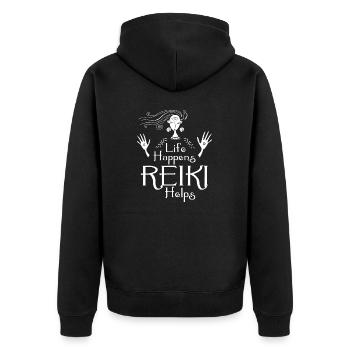 Life Happens Reiki hilft - Unisex Premium Bio Zip Hoodie - Schwarz - Hinten - Nico (187cm)