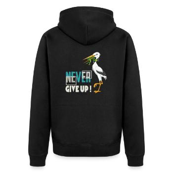 Never Give Up 🐸 Niemals aufgeben Frosch vs Storch - Unisex Premium Bio Zip Hoodie - Schwarz - Hinten - Nico (187cm)