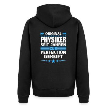 Zur Perfektion gereifter Physiker - Unisex Premium Bio Zip Hoodie - Schwarz - Hinten - Nico (187cm)