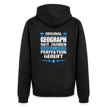 Zur Perfektion gereifter Geograph - Unisex Premium Bio Zip Hoodie - Schwarz - Hinten - Nico (187cm)