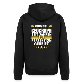 Zur Perfektion gereifter Geograph - Unisex Premium Bio Zip Hoodie - Schwarz - Hinten - Nico (187cm)