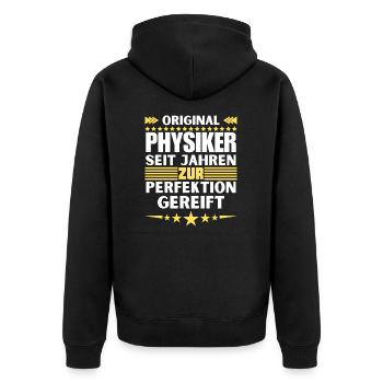 Zur Perfektion gereifter Physiker - Unisex Premium Bio Zip Hoodie - Schwarz - Hinten - Nico (187cm)
