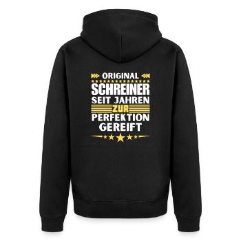 Zur Perfektion gereifter Schreiner - Unisex Premium Bio Zip Hoodie - Schwarz - Hinten - Nico (187cm)