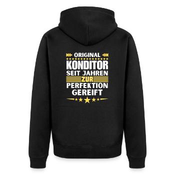 Zur Perfektion gereifter Konditor - Unisex Premium Bio Zip Hoodie - Schwarz - Hinten - Nico (187cm)