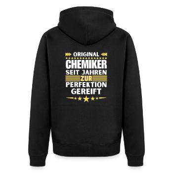 Zur Perfektion gereifter Chemiker - Unisex Premium Bio Zip Hoodie - Schwarz - Hinten - Nico (187cm)
