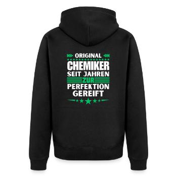 Zur Perfektion gereifter Chemiker - Unisex Premium Bio Zip Hoodie - Schwarz - Hinten - Nico (187cm)