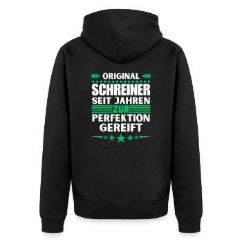 Zur Perfektion gereifter Schreiner - Unisex Premium Bio Zip Hoodie - Schwarz - Hinten - Nico (187cm)