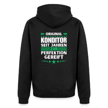 Zur Perfektion gereifter Konditor - Unisex Premium Bio Zip Hoodie - Schwarz - Hinten - Nico (187cm)