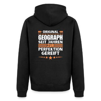 Zur Perfektion gereifter Geograph - Unisex Premium Bio Zip Hoodie - Schwarz - Hinten - Nico (187cm)