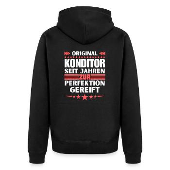 Zur Perfektion gereifter Konditor - Unisex Premium Bio Zip Hoodie - Schwarz - Hinten - Nico (187cm)