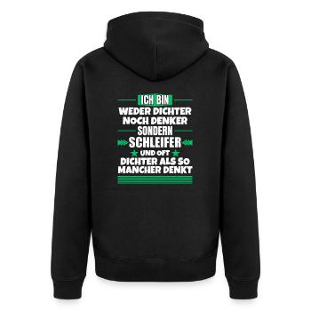 Neither poet nor thinker, but grinder - Unisex Premium Organic Zip Hoodie - black - Back - Nico (187cm)