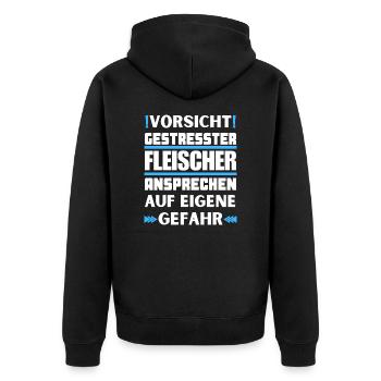 Gestresster Fleischer nicht ansprechen! - Unisex Premium Bio Zip Hoodie - Schwarz - Hinten - Nico (187cm)