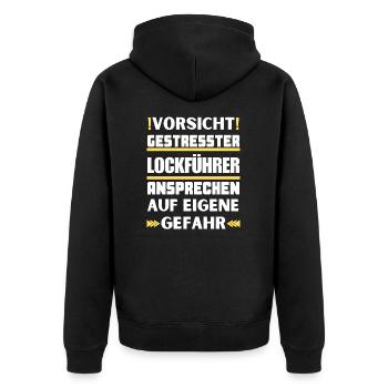 Don't talk to stressed decoy leaders! - Unisex Premium Organic Zip Hoodie - black - Back - Nico (187cm)
